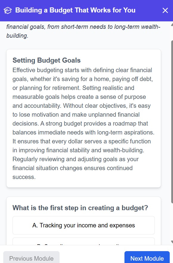 Budget literacy module: Learn and categorize expenses for better money management